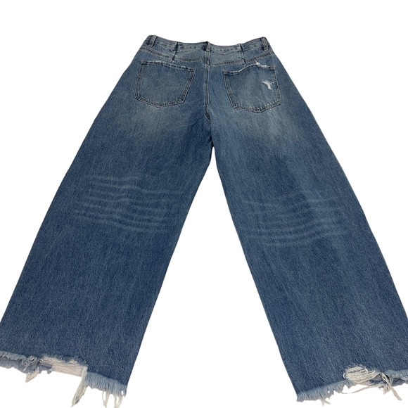 BAYEAS Frayed Hems Drop Crotch Barrel Jeans 31 Distressed Wide Leg Blue Denim - Picture 2 of 10